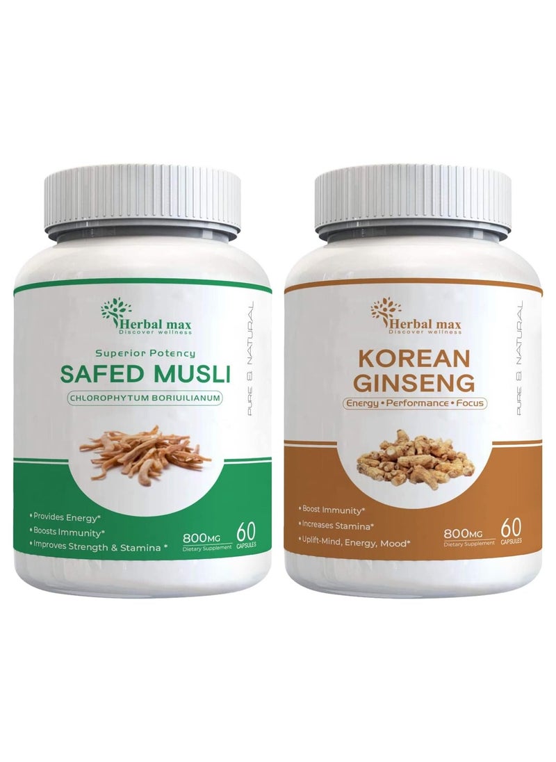 Herbal Max Herbal max Safed Musli Extract 800 mg 60 Capsule with Korean Ginseng Capsule combo  - Image 1