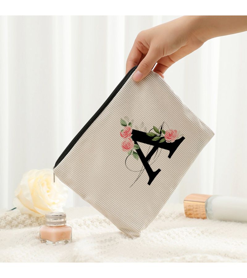حقيبة مكياج بتصميم بسيط باللونين الأسود والأبيض، مع باقة من 26 حرفًا، مناسبة للسفر وتخزين أدوات النظافة الشخصية، هدايا الحفلات، منظمة بسحاب، خفيفة الوزن للرجال والنساء - الطراز 1 - Image 5