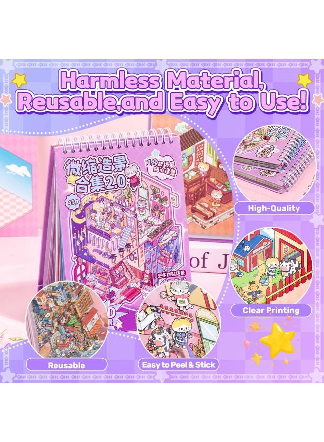 Nuesaurd DIY 3D Sticker Scene Book 18 Sets Sticker Scenes Miniature Room Scene Stickers Book Funny House Scene Sticker Book for Adults Kids Conduce to Relieve Stress Pass The Time - Image 3