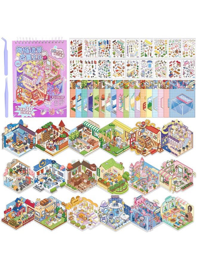 Nuesaurd DIY 3D Sticker Scene Book 18 Sets Sticker Scenes Miniature Room Scene Stickers Book Funny House Scene Sticker Book for Adults Kids Conduce to Relieve Stress Pass The Time - Image 1