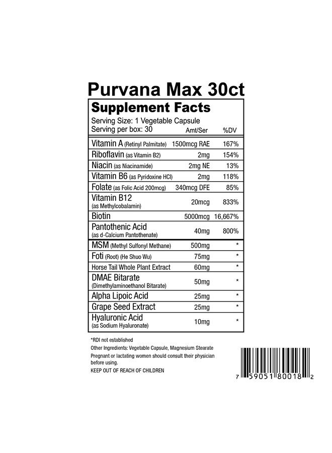 wellgenix Purvana Max Hair, Skin and Nails Max 30 Veg. Caps. (2 Pack) - Image 5