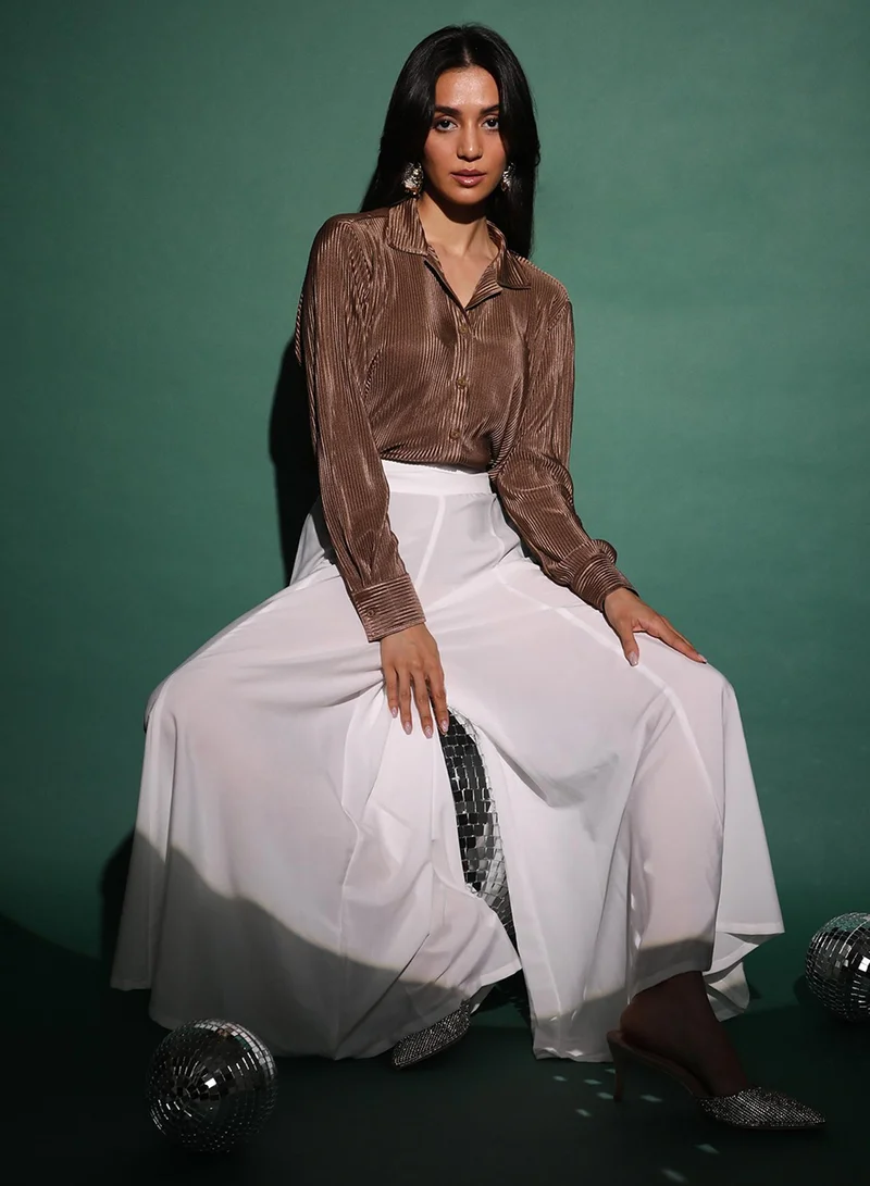 PINACOLADA Women's Chocolate Brown Pleated Shirt For Casual Wear | Spread Collar | Long Sleeve | Button Closure | Shirt Designed With Comfortable Fit For Woman & Girls