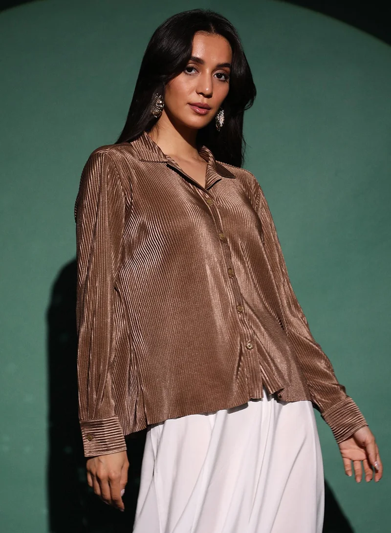 PINACOLADA Women's Chocolate Brown Pleated Shirt For Casual Wear | Spread Collar | Long Sleeve | Button Closure | Shirt Designed With Comfortable Fit For Woman & Girls