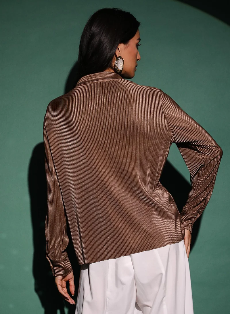 PINACOLADA Women's Chocolate Brown Pleated Shirt For Casual Wear | Spread Collar | Long Sleeve | Button Closure | Shirt Designed With Comfortable Fit For Woman & Girls