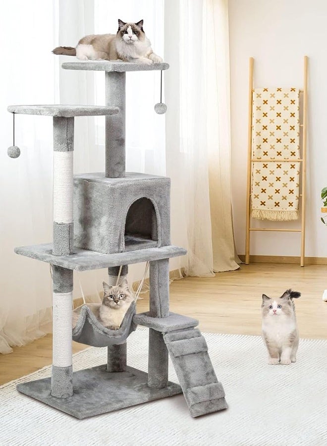 RollsTimi  Cat Tree Tower Cat Condo, Sisal Scratching Posts, Cozy, Well Padded Top Beds, Basket, Hammock, Ladder, Skin-Friendly & Fluffy Plush Cover, 120x49x39cm, Gray - Image 1