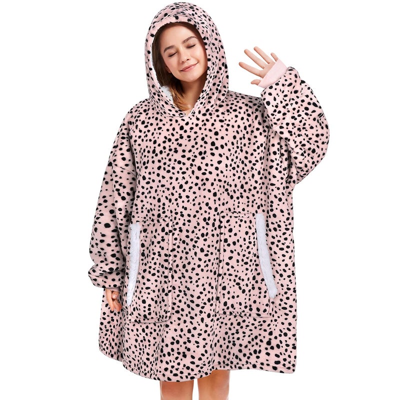 Gocvo Wearable Blanket Gifts for Women Men Kids Oversized Fluffy Hoodie Cozy Hideout Hoodie Sweatshirt Sweater Blanket with Pocket (Leopard-Beige) - Image 1