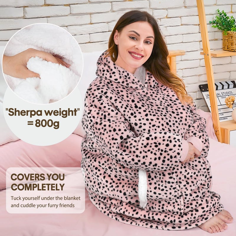 Gocvo Wearable Blanket Gifts for Women Men Kids Oversized Fluffy Hoodie Cozy Hideout Hoodie Sweatshirt Sweater Blanket with Pocket (Leopard-Beige) - Image 2