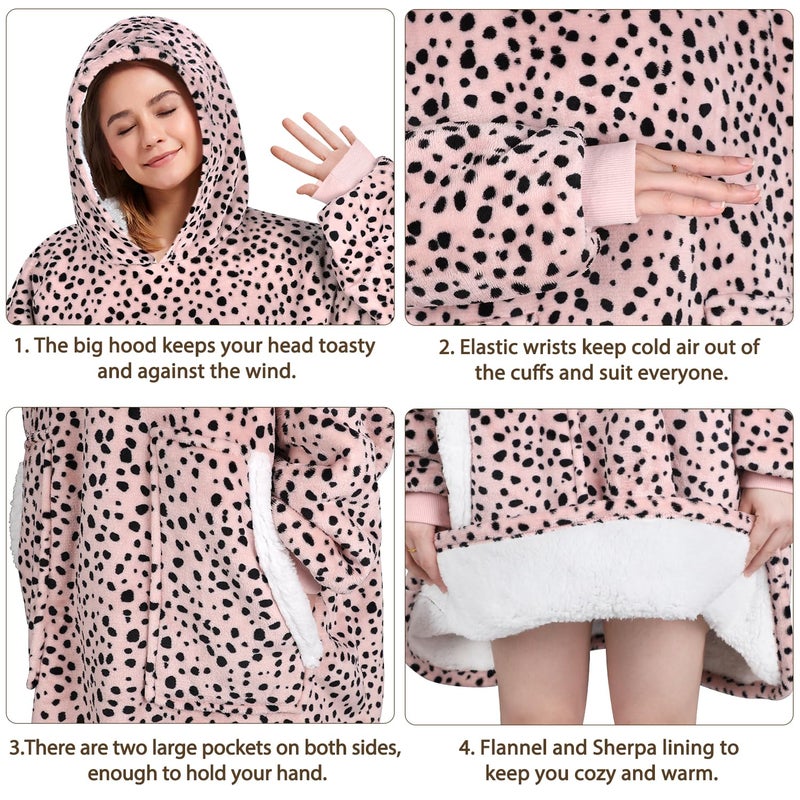 Gocvo Wearable Blanket Gifts for Women Men Kids Oversized Fluffy Hoodie Cozy Hideout Hoodie Sweatshirt Sweater Blanket with Pocket (Leopard-Beige) - Image 5