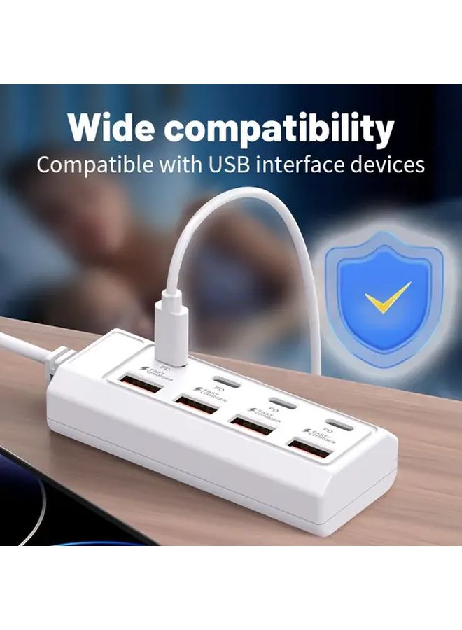 مُحَوِّل USB أبيض 8 منافذ، 4 منافذ من النوع C، شحن سريع بقوة 25 واط، مدمج ومحمول، هدية سفر مثالية - Image 1