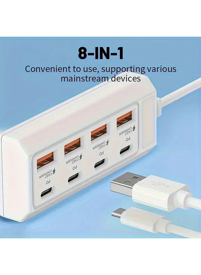 مُحَوِّل USB أبيض 8 منافذ، 4 منافذ من النوع C، شحن سريع بقوة 25 واط، مدمج ومحمول، هدية سفر مثالية - Image 5