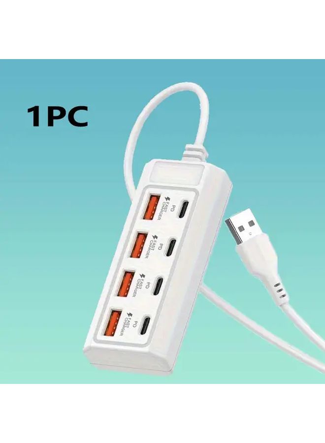 مُحَوِّل USB أبيض 8 منافذ، 4 منافذ من النوع C، شحن سريع بقوة 25 واط، مدمج ومحمول، هدية سفر مثالية - Image 4