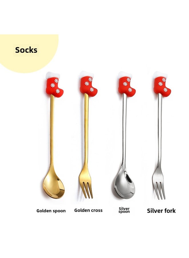 W Cartoon Doll Spoon Q Version Christmas Spoon Mixing Spoon Cute Lucky Bag Rabbit Fork Dessert Spoon With Hand Gift Spoon Fork-Color:Gold-spoon-Specifications:Christmas Socks - Image 1