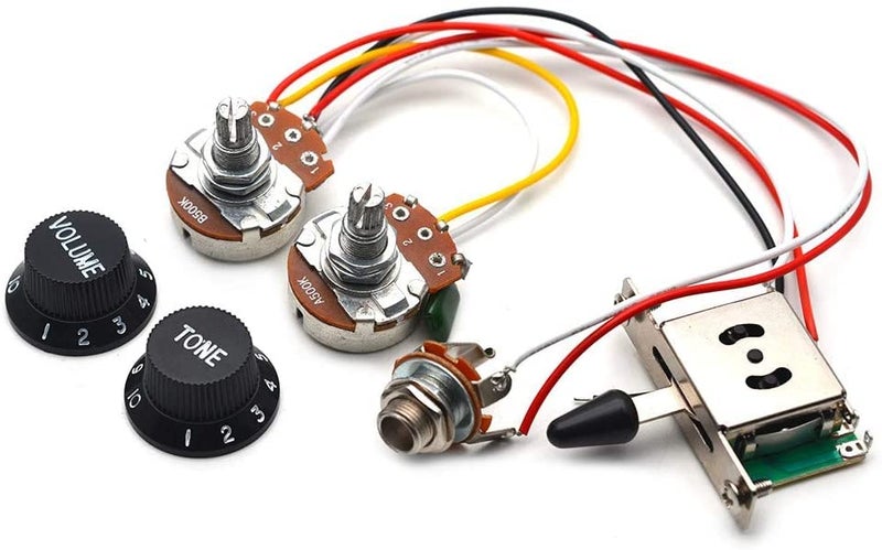 MAXCHEER 3 Pickups Wiring Harness Prewired/Jack 1T1V A500k B500K 18mm Shaft Big Pots, with 6.35 Output&Black Knobs for Electric Guitar(5 Way Switch) - Image 2