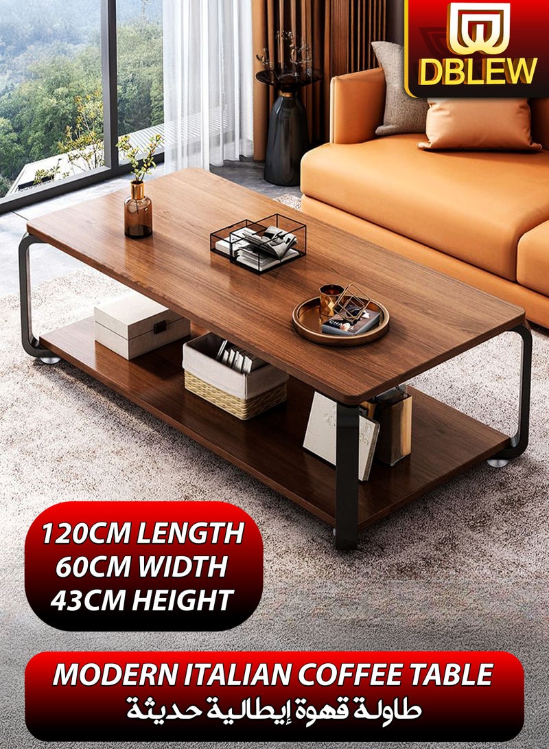 دي بلو طاولة قهوة مستطيلة فاخرة بتصميم خشب مكونة من طبقتين مع قاعدة من الحديد الأسود - طاولة مركزية حديثة لغرف المعيشة والمكاتب والاستقبال والمطاعم والردهة والفنادق وغرف النوم والحدائق والتزيين الخارجي - طاولة شاي مع رف تخزين سفلي 120x60x43 سم - Image 1