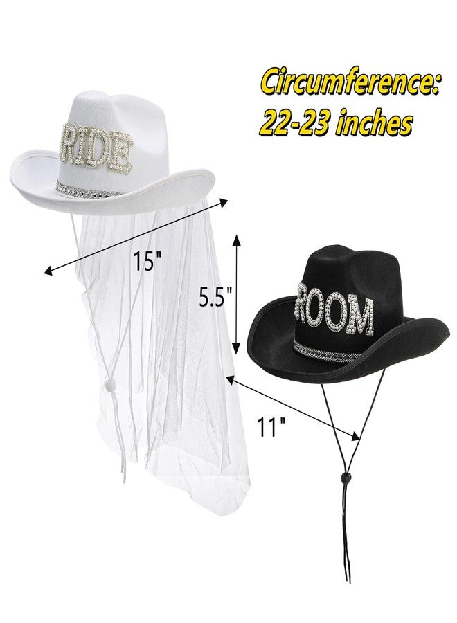 Frcctre 2 Pcs Bride Cowgirl Hat with Veil, Black Groom Cowboy Hat, Rhinestone Bride and Groom Cowboy Hats Wedding Bridal Shower Bachelorette Party Decoration Western Party Dress Up Accessories - Image 2