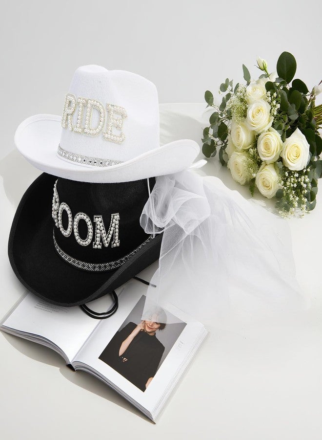 Frcctre 2 Pcs Bride Cowgirl Hat with Veil, Black Groom Cowboy Hat, Rhinestone Bride and Groom Cowboy Hats Wedding Bridal Shower Bachelorette Party Decoration Western Party Dress Up Accessories - Image 4