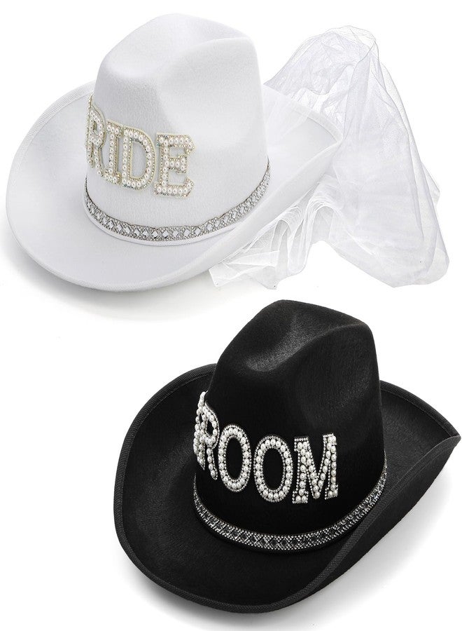 Frcctre 2 Pcs Bride Cowgirl Hat with Veil, Black Groom Cowboy Hat, Rhinestone Bride and Groom Cowboy Hats Wedding Bridal Shower Bachelorette Party Decoration Western Party Dress Up Accessories - Image 3