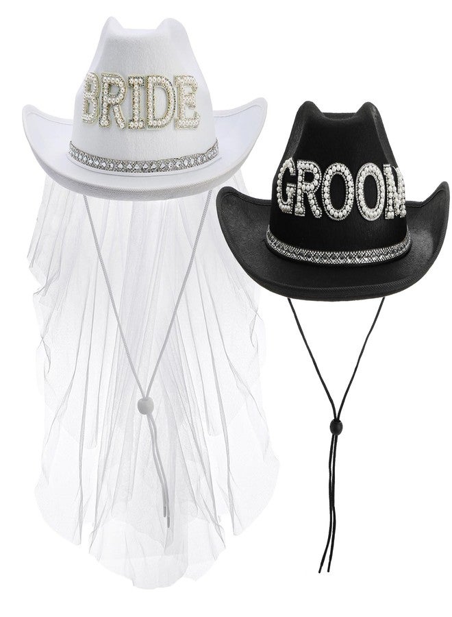 Frcctre 2 Pcs Bride Cowgirl Hat with Veil, Black Groom Cowboy Hat, Rhinestone Bride and Groom Cowboy Hats Wedding Bridal Shower Bachelorette Party Decoration Western Party Dress Up Accessories - Image 1