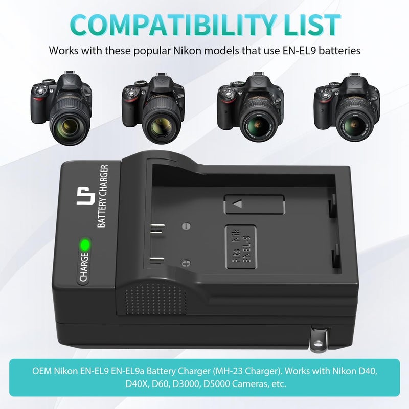 L & P EN-EL9 Battery Charger, EN EL9a Charger Compatible with Nikon EN-EL9 EN EL9a Battery, Nikon D40, D40X, D60, D3000, D5000 Cameras, MH-23 Charger - Image 2