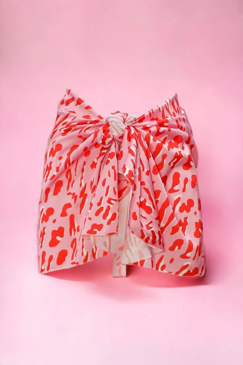 Pistore Pink Red Geometric Patterned Short Pareo Satin See-through Women's Beach Dress New Season