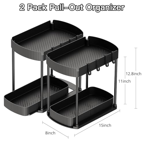 Ukeetap Multi-Purpose Pull-Out Storage Organizers, Under Sink/Cabinet Organizers and Storage for Bathroom & Kitchen, Black, 12.8 Inches, 2 Packs - Image 2
