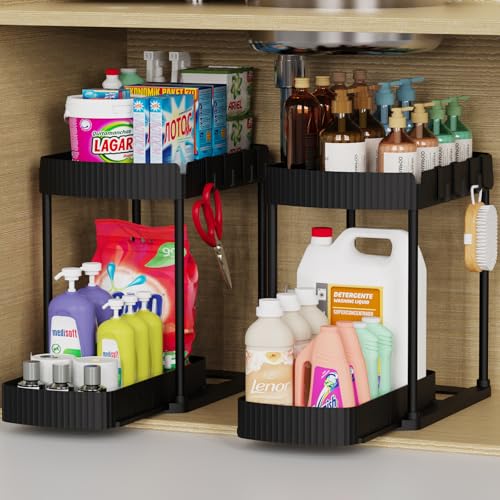 Ukeetap Multi-Purpose Pull-Out Storage Organizers, Under Sink/Cabinet Organizers and Storage for Bathroom & Kitchen, Black, 12.8 Inches, 2 Packs - Image 1