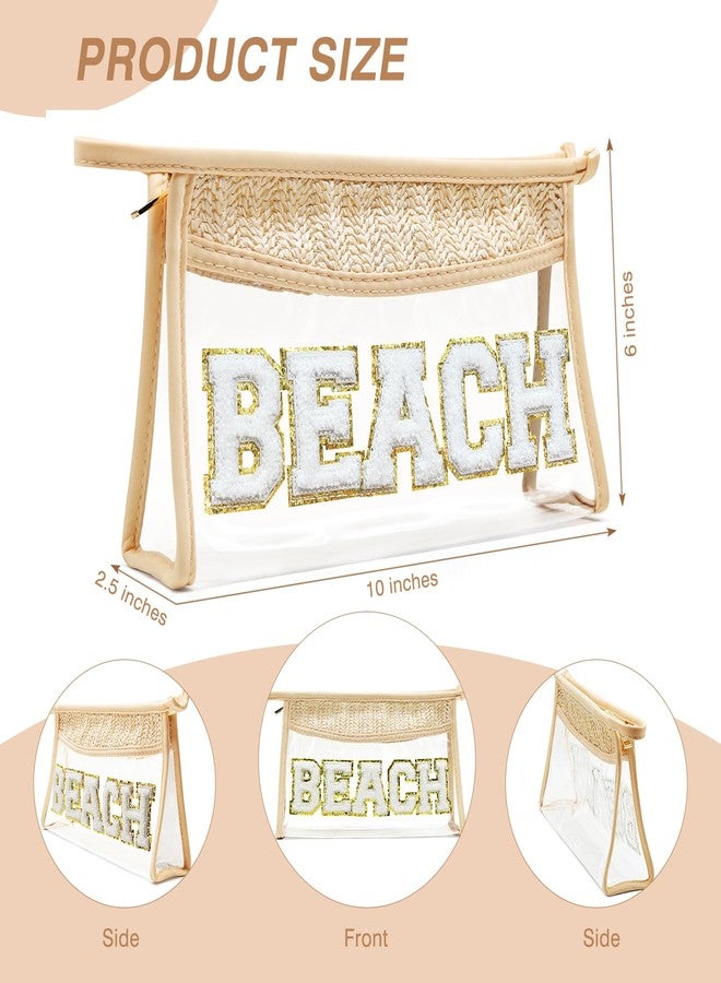 لسكسيا حقيبة مكياج بوهيمية منسوجة يدوياً، حقيبة سفر شفافة مزينة برقعة حروف من الشنيل، حقيبة قش من الروطان، حقائب شفافة لمستحضرات التجميل وواقي الشمس، حقيبة أساسية للسفر والشاطئ في الصيف للنساء (بيج بوهيمي) - Image 2