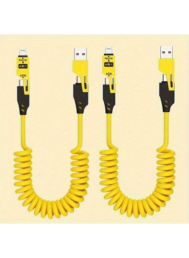 2pcs 4in1 Yellow Fast Charging USB C Spring Cable 50 80W Output Retractable for iPhone Huawei Samsung - Image 1