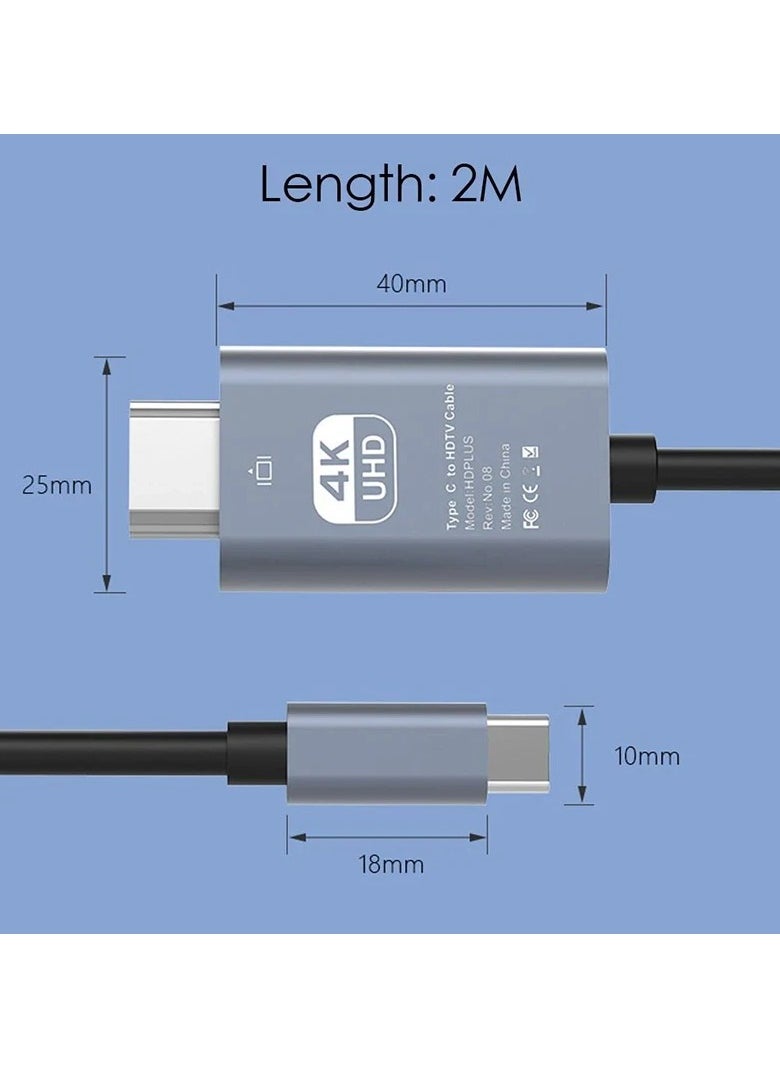 Generic - USB C to HDMI Cable 2M,USB 3.1 Type C Thunderbolt 3 to HDMI 4K 60Hz UHD Adapter Compatible iPhone 15 Series,iPad 10/Pro/Air/Mini,Samsung S23 Ultra/Galaxy Z,MacBook Pro,Dell XPS,Huawei P60 Pro Black - Image 1