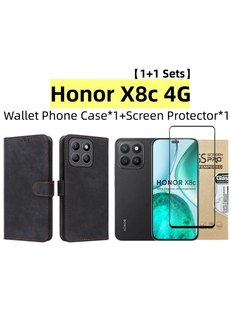 [1+1 مجموعات] غلاف هاتف Honor X8c 4G وواقي شاشة Flip PU جلد محفظة مع حامل بطاقة 1 عبوة واقي شاشة زجاجي - Image 1