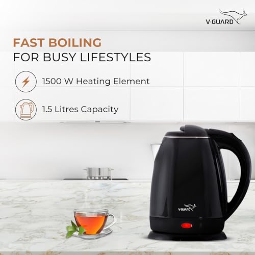 V-Guard VKP15 Prime 1.5 Litre Electric Kettle for Hot Water | Cool Touch Body | 2 Year Coverage By V-Guard |1500 Watt | Double Layer Outer Body,Plastic,Black - Image 2