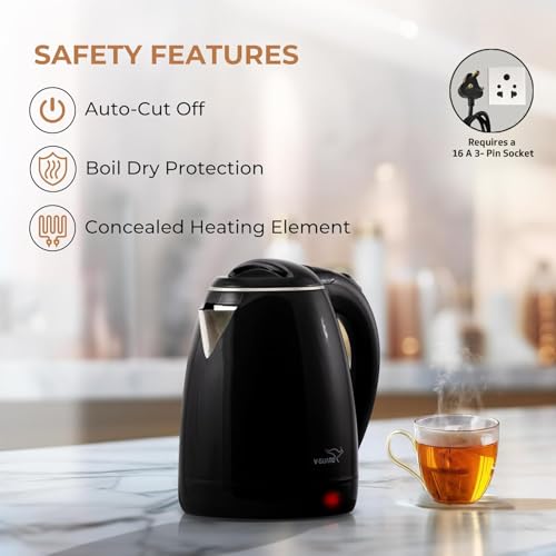 V-Guard VKP15 Prime 1.5 Litre Electric Kettle for Hot Water | Cool Touch Body | 2 Year Coverage By V-Guard |1500 Watt | Double Layer Outer Body,Plastic,Black - Image 5