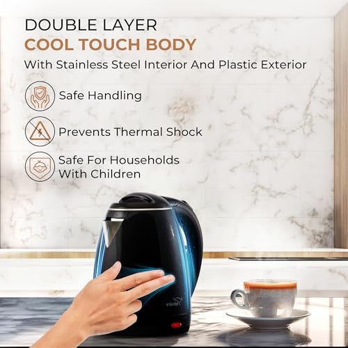 V-Guard VKP15 Prime 1.5 Litre Electric Kettle for Hot Water | Cool Touch Body | 2 Year Coverage By V-Guard |1500 Watt | Double Layer Outer Body,Plastic,Black - Image 3
