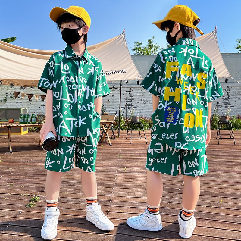 Boys Summer Short Sleeve Shirt Set 2024 Trendy Green 2252 Shirt suit
