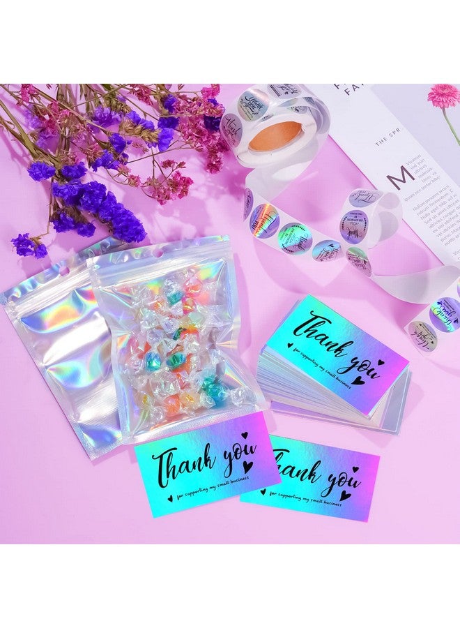 Poualss 630 Pieces Thank You Cards And Stickers Set With 30Pcs Resealable Packaging Bag 500Pcs Small Business Roll Stickers 100Pcs Thank You Business Card For Business (Holographic) - Image 3
