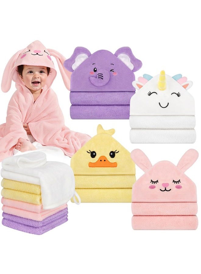 CandyHome 12 PCS Baby Bath Towels for Infants Toddlers, 4 PCS Animal Hooded Baby Towels & 8 PCS Washcloths Set, Ultra Absorbent Soft Cute Newborn Essential Gift for Boys & Girls - Image 1
