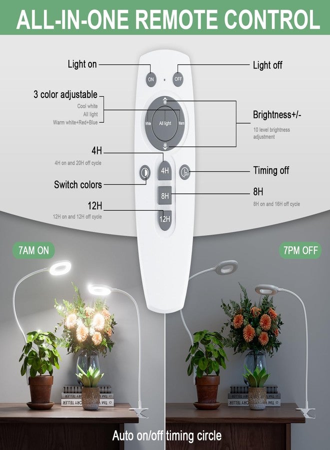 RIRIBEN Grow Lights For Indoor Plants, Led Full Spectrum With Clip, Auto On/Off Time 4/8/12 Hours, 10 Levels Dimmable, 3 Modes And Adjustable Gooseneck, Remote Control - Image 4