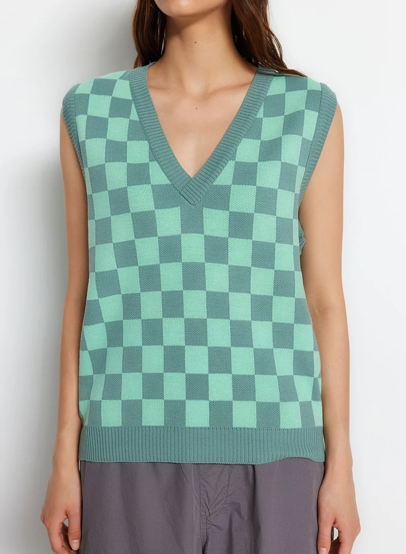 trendyol V-Neck Checked Sweater