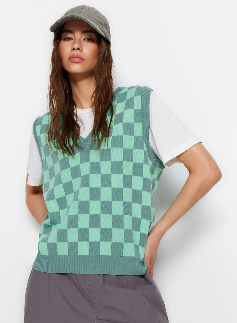 trendyol V-Neck Checked Sweater