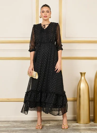 Styli Lace Ladder Ruffle Detail Dobby A-Line Maxi Dress