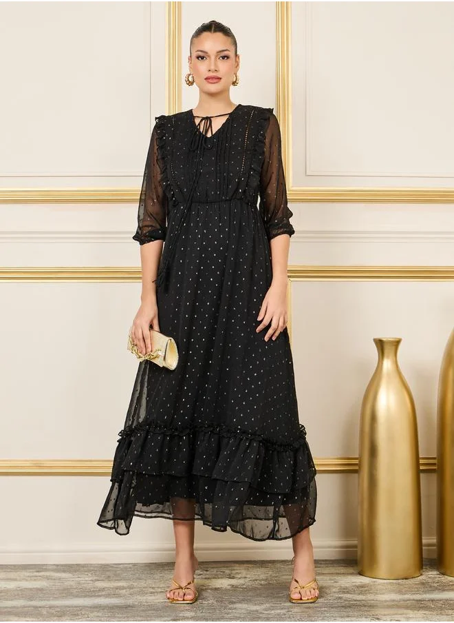 ستايلي Styli Lace Ladder Ruffle Detail Dobby A-Line Maxi Dress