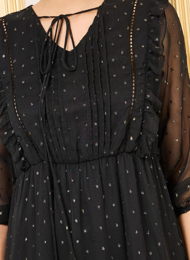 Styli Styli Lace Ladder Ruffle Detail Dobby A-Line Maxi Dress