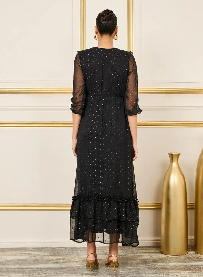 Styli Styli Lace Ladder Ruffle Detail Dobby A-Line Maxi Dress