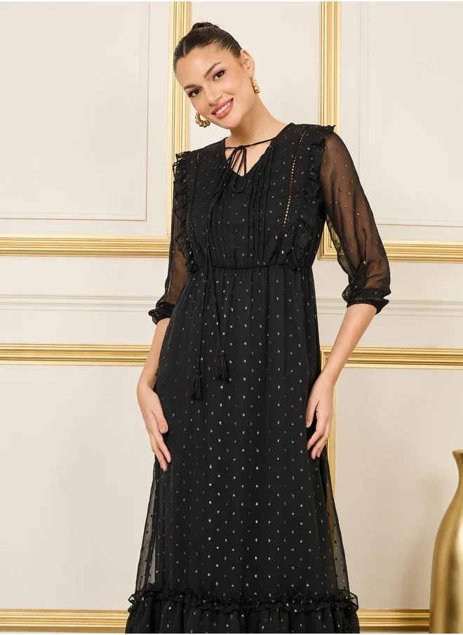 ستايلي Styli Lace Ladder Ruffle Detail Dobby A-Line Maxi Dress