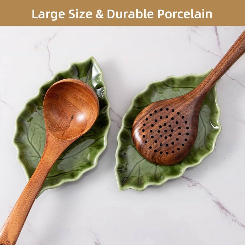 YumiPLUS Ceramic Leaf Shape Spoon Rest for cooking, Cute Green Cooking Spoon Holder for Stove Top,Large Porcelain Spatula Rest for Kitchen Counter, Farmhouse Kitchen Decor (green) - Image 4