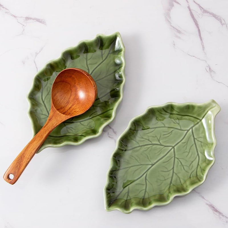 YumiPLUS Ceramic Leaf Shape Spoon Rest for cooking, Cute Green Cooking Spoon Holder for Stove Top,Large Porcelain Spatula Rest for Kitchen Counter, Farmhouse Kitchen Decor (green) - Image 1