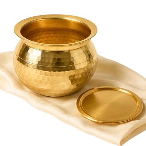 HOKOYA Pure Brass Handi with Lid (5 Liter) | Traditional Pital Cooking Pot for Kitchen & Biryani | Handmade Mirror Finish Brass Utensil for Home Chefs & Gifting - Image 1