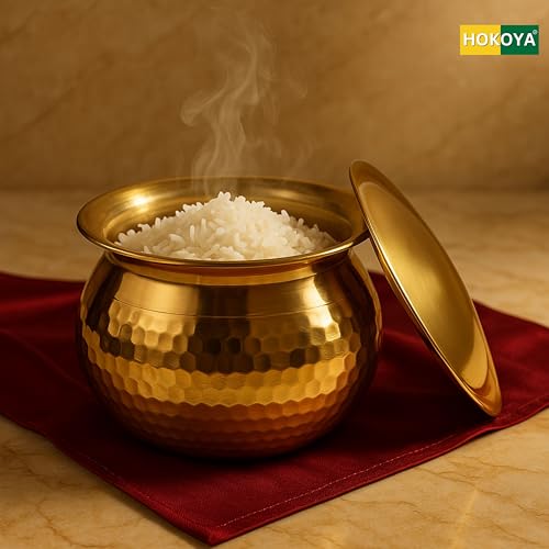 HOKOYA Pure Brass Handi with Lid (5 Liter) | Traditional Pital Cooking Pot for Kitchen & Biryani | Handmade Mirror Finish Brass Utensil for Home Chefs & Gifting - Image 5