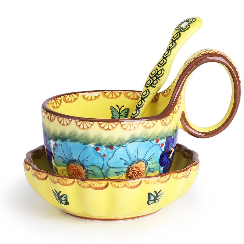 silesia Handmade Loop Handle Soup Bowl, Plate and Spoon Set Ceramic Hand Painted Cereal Bowl Great for Soup, Ice cream, Snack, Stew in Gift Box, Dishwasher & Microwave Safe, Glazed Yellow - Image 1