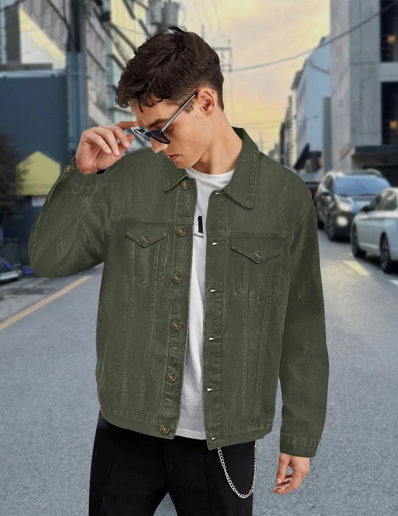 Urbano Fashion Men's Olive Green Regular Fit Washed Full Sleeve Denim Jacket